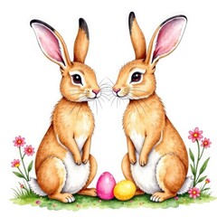 Drawing of cute rabbits with Easter eggs on lawn with flowers on white background with free space for text. Happy Easter, Easter card, Easter bunny, greeting card, greetings, packaging, wallpaper, art