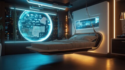 Obraz premium Futuristic bedroom interior featuring a floating bed and a large display