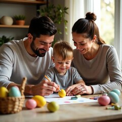 Fototapeta premium A happy family with a child is sitting at a table and painting Easter eggs together against the backdrop of a cozy room. The child is enthusiastically painting on the eggs, and his parents are helping