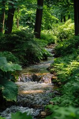 Thick foliage surrounds a lively, flowing stream, forming a peaceful retreat in nature.