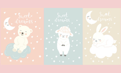 baby shower card with angel Cloud with message sweet dream Vector moon Cute sleeping bear and lamb and sleeping rabbit bedding colors