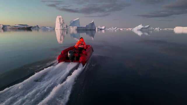 Antarctica icy landscape expedition group tourist traveler people man at cruise red boat ship winter Arctic snow mountains Iceberg glacier nature cold water, Scientist Tourism travel. Aerial drone 