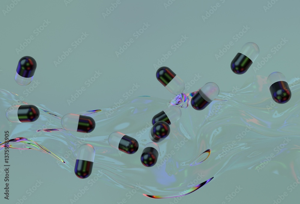 Poster Black and translucent capsules floating above an iridescent, fluid-like surface against a soft background, creating a modern and abstract digital illustration.