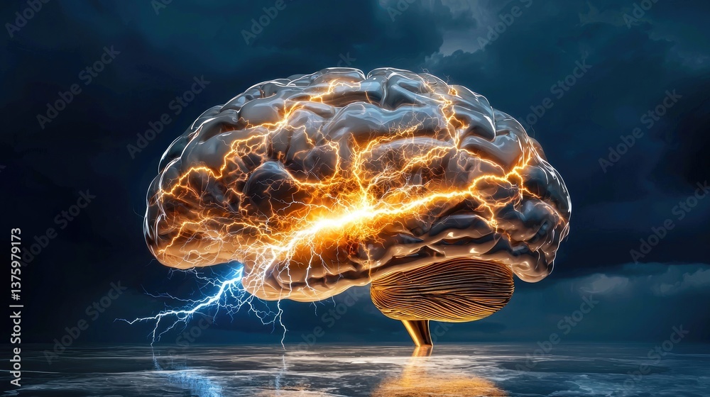 Poster digital rendering of brain with electric activity and lightning on plain background