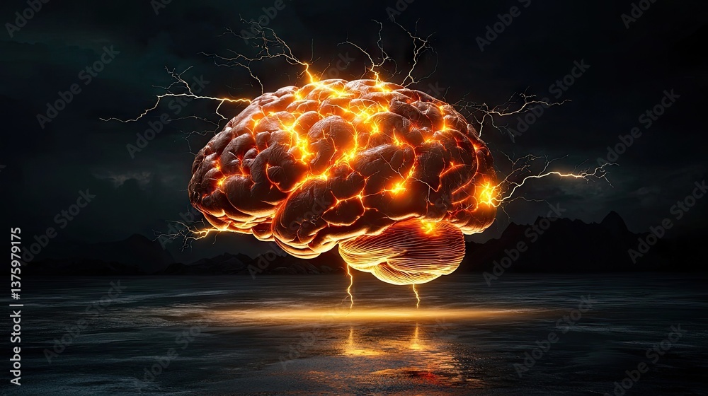 Poster digital rendering of brain with electric activity and lightning on plain background