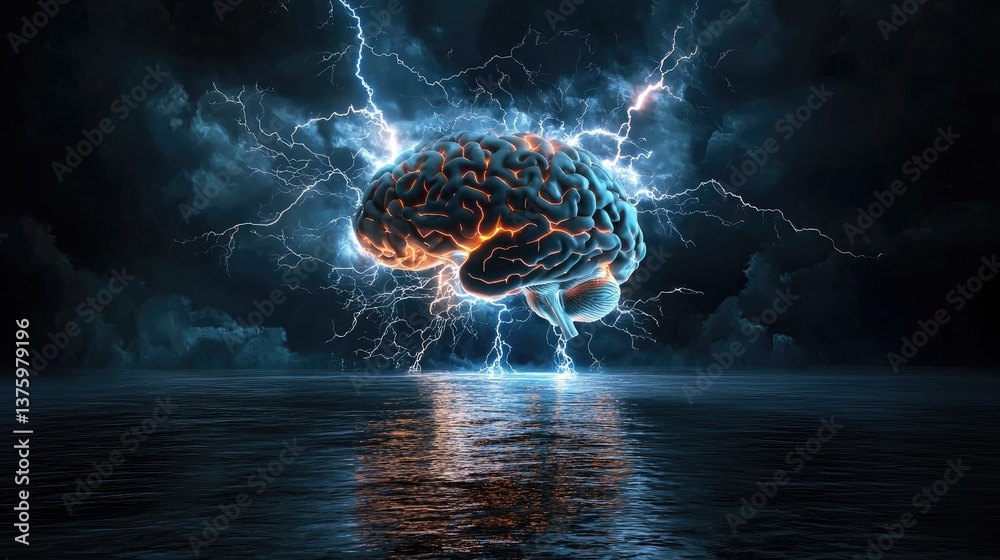 Poster digital rendering of brain with electric activity and lightning on plain background