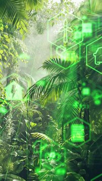 Green forest aerial view and environmental technology concept. Green tech. Ecology. Green transformation. GX. SDGs.