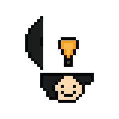 Obraz premium Cartoon cute character man face with light bulb idea creative think decoration pixel 8 bit male boy idea imagination cartoon pixel game png vector.