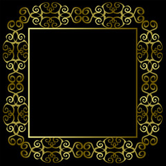 Beautiful figured rectangular frame in gold color on a black background