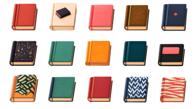 Variety of colorful books with different designs, cut out transparent - Powered by Adobe
