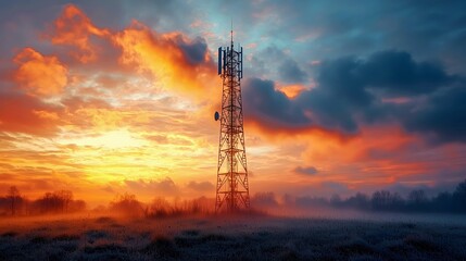 Fototapeta premium Vivid sunset illuminates communication tower in misty countryside landscape