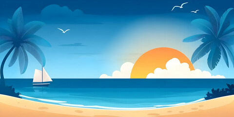 Obraz premium A picturesque beach scene featuring palm trees, a sailboat, and a vibrant sunset reflecting on the ocean for a serene getaway.