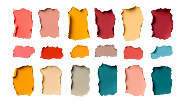 Assorted torn paper pieces display vibrant colors, cut out transparent