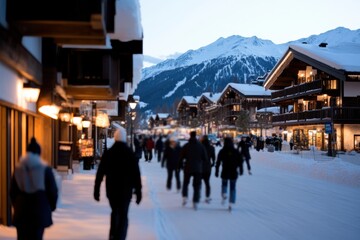 Obraz premium A serene winter scene captures people strolling through a charming village, surrounded by snowy mountains and illuminated buildings, evoking a peaceful and cozy atmosphere.