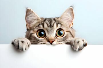 Fototapeta premium A playful cat curiously peeks over a blank surface, showcasing its vibrant eyes and adorable features.