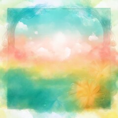beautiful creative summer skyline border frame with bright colors, bright sun, swirly clouds, and blue sky with copy space, summertime concept graphic resource