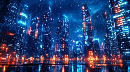 Fototapeta premium Futuristic city skyline illuminated by neon lights during a rainstorm at night