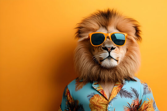 A playful lion wearing sunglasses and a tropical shirt against a vibrant yellow background, exuding a fun and carefree vibe.