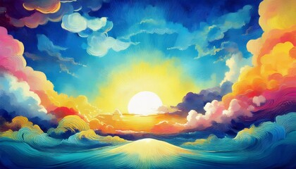 beautiful creative summer skyline border frame with bright colors, bright sun, swirly clouds, and blue sky with copy space, summertime concept graphic resource