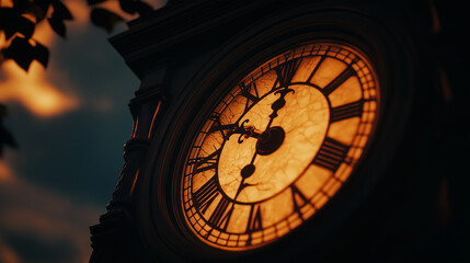Illuminated Vintage Clock Tower Captured During Evening Twilight.