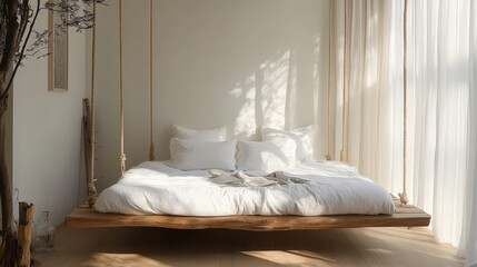A beautiful bedroom features a hanging wooden bed with white bedding
