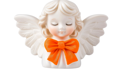Angel figurine with orange bow, isolated, cut out transparent