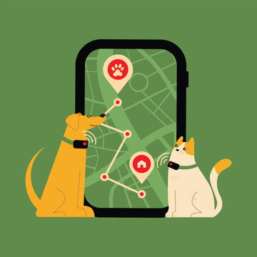 Pets wearing GPS tracking device on collar for safety and adventure, dog and cat health monitoring tag technology. Satellite pet tracker Collar with location detector application