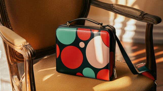 A compact crossbody bag with a bold, graphic print resting on a chair.