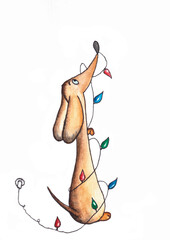 hand painted illustration, watercolor postcard with dachshund and Christmas lights, multicolored bulbs on white background