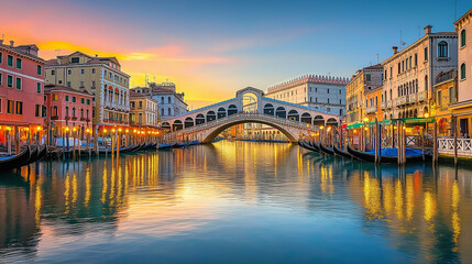 Obraz premium Colorful Buildings and Bridge Reflected in Venice Waterway.