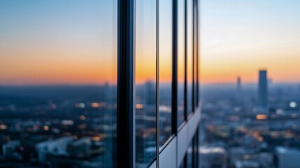 Naklejka premium Sunset reflection on modern building facade in urban skyline with distant city lights