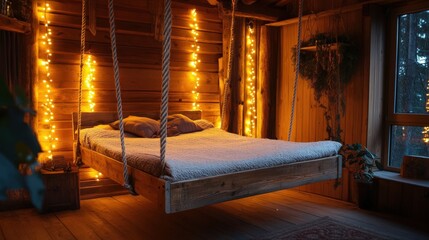 A Rustic Bedroom Features a Hanging Bed with Soft Illumination