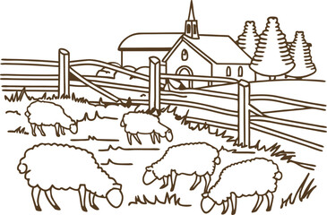 sheep grazing on a farm near a rustic barn with a wooden fence and trees in the background