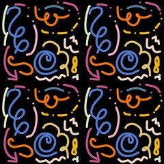 Colorful Abstract Doodle Seamless Pattern on Black Background. Perfect for textile design, packaging, wallpapers, and digital background