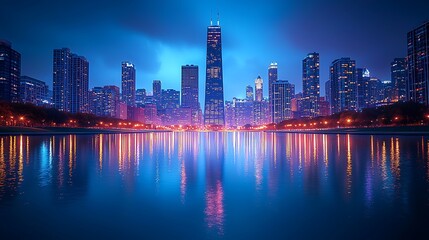 Naklejka premium Vibrant urban nightscape glowing reflections high resolution photo