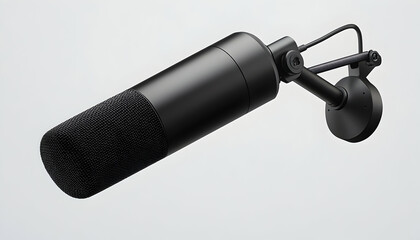 Sleek black condenser microphone isolated on white background.  Perfect for podcasting, streaming, and voice recording.