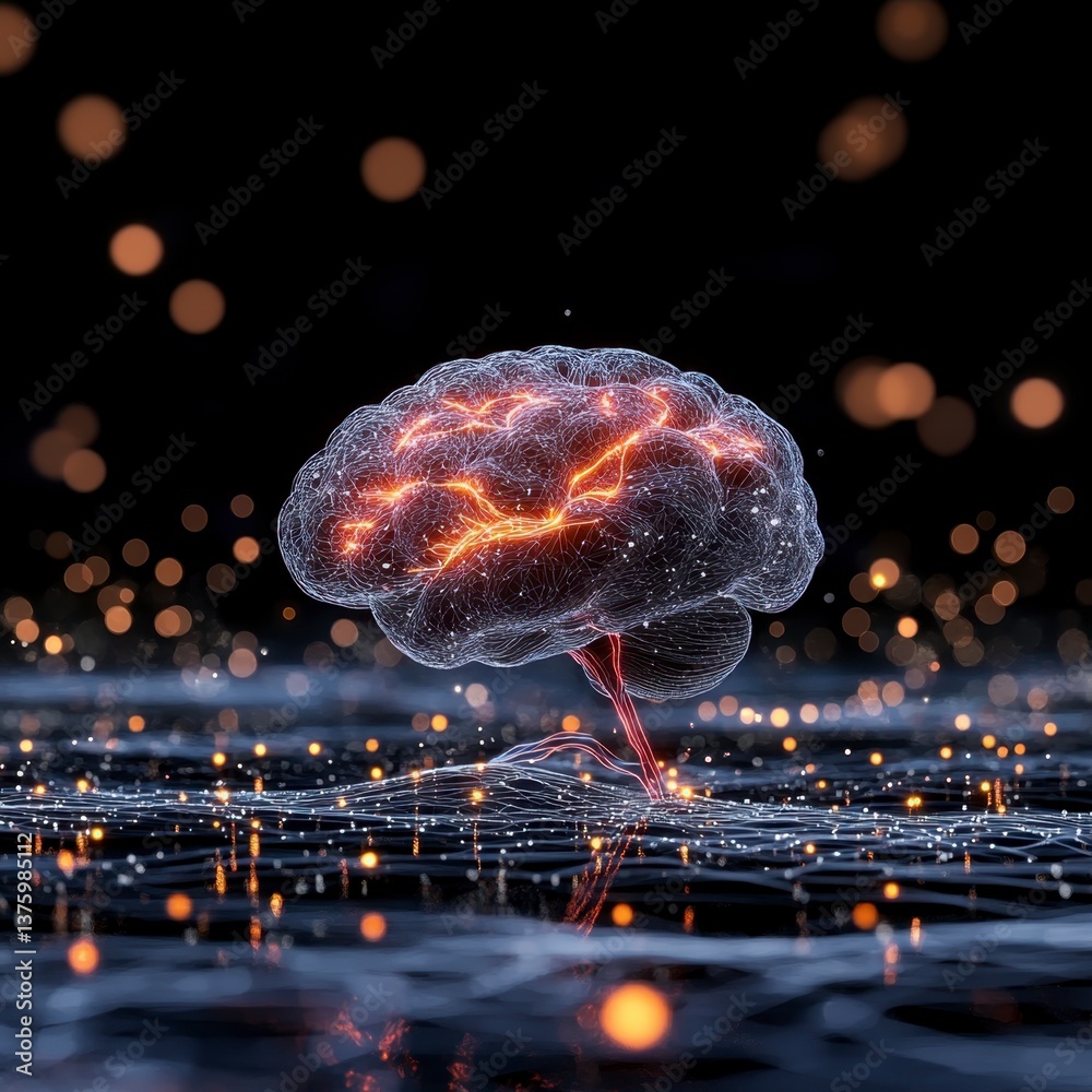 Poster abstract digital rendering of a brain illuminated with warm light against a dark background with bok