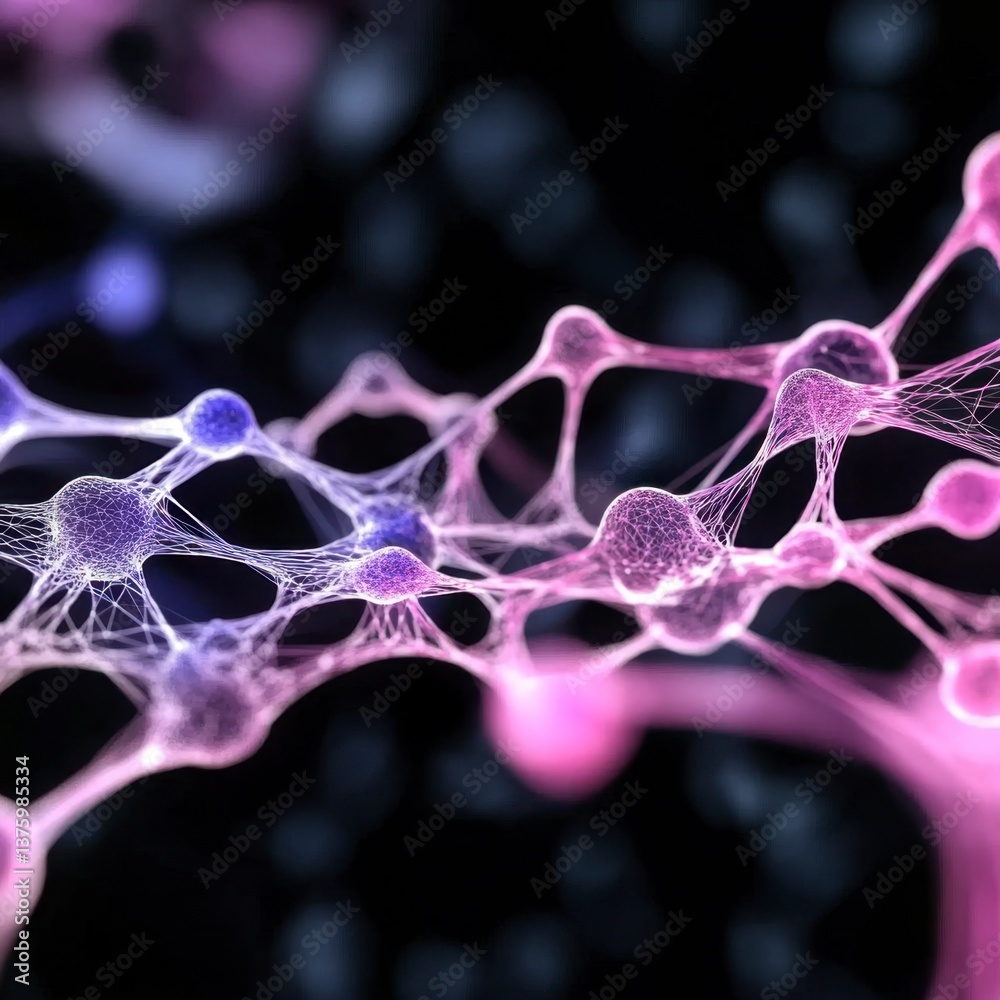 Poster abstract network of glowing pink and blue nodes and connections on a black background. intricate web