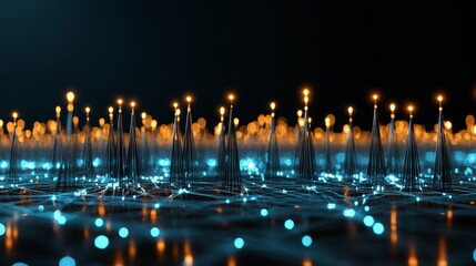 Abstract digital art depicting a field of glowing, metallic structures illuminated with warm and cool light, creating a futuristic, otherworldly atmosphere.