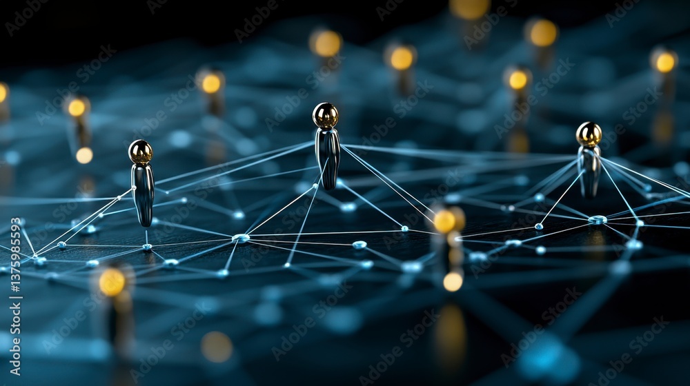 Poster abstract network connection concept metallic figures linked by glowing lines on a dark background. i