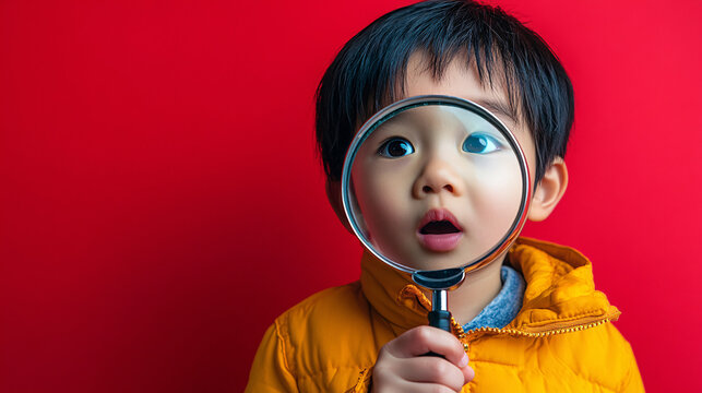 An asian kid looking through a magnifying glass on a red pastel background.
