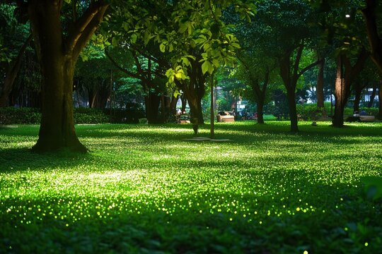 Lush green park illuminated with glowing lights at night