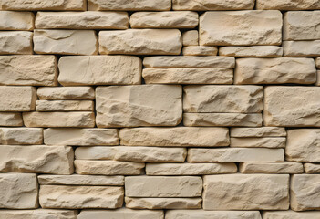 Obraz premium Natural beige stacked stone wall texture background with rough irregular blocks