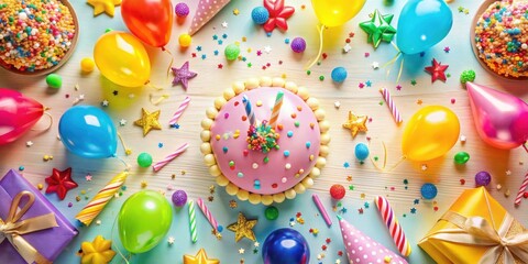 A festive table setting with a pink birthday cake surrounded by colorful balloons, gifts, and confetti