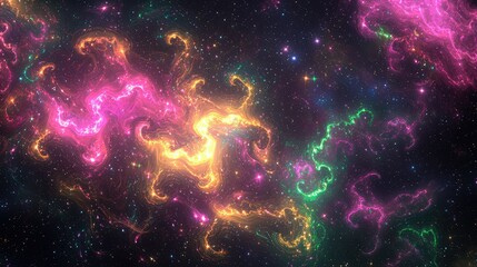Obraz premium A cosmic, psychedelic wallpaper featuring fractal tendrils glowing with neon hues of pink, lime green, and deep violet. 