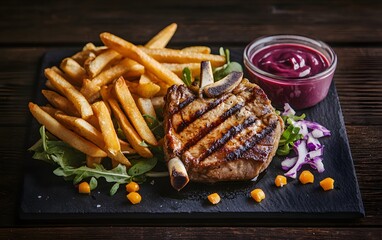 Grilled Pork Chop with French Fries and Sauce Delicious Meal