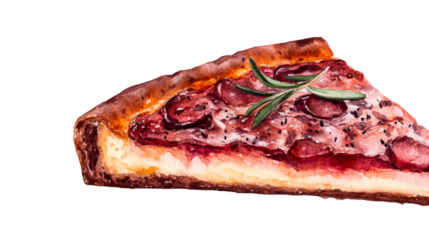 Watercolor pizza slice with rosemary, cut out transparent