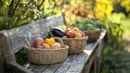 A countryside farm setting with freshly picked fruits and vegetables resting in woven baskets on a wooden bench.