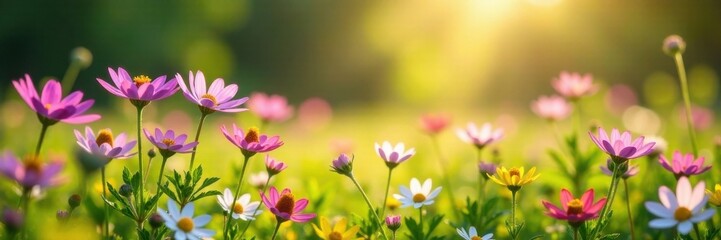 Obraz premium Blooming wildflowers in a meadow under sunlight, sunny, organic, flowers