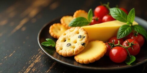 Elegant appetizer arrangement, gourmet cheese and crackers, sophisticated, food flyer, flyer